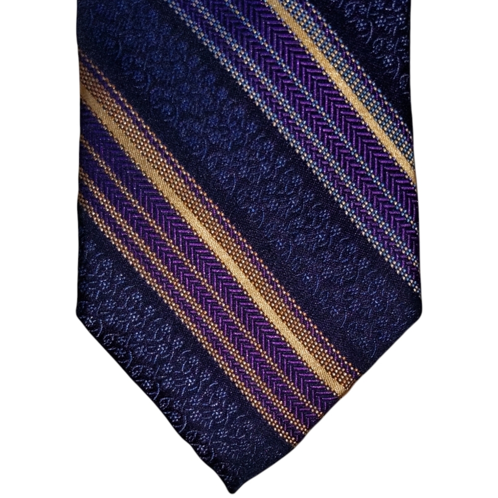 XMI Platinum Silk Necktie Men's Navy Blue Purple Striped Designer Tie EUC